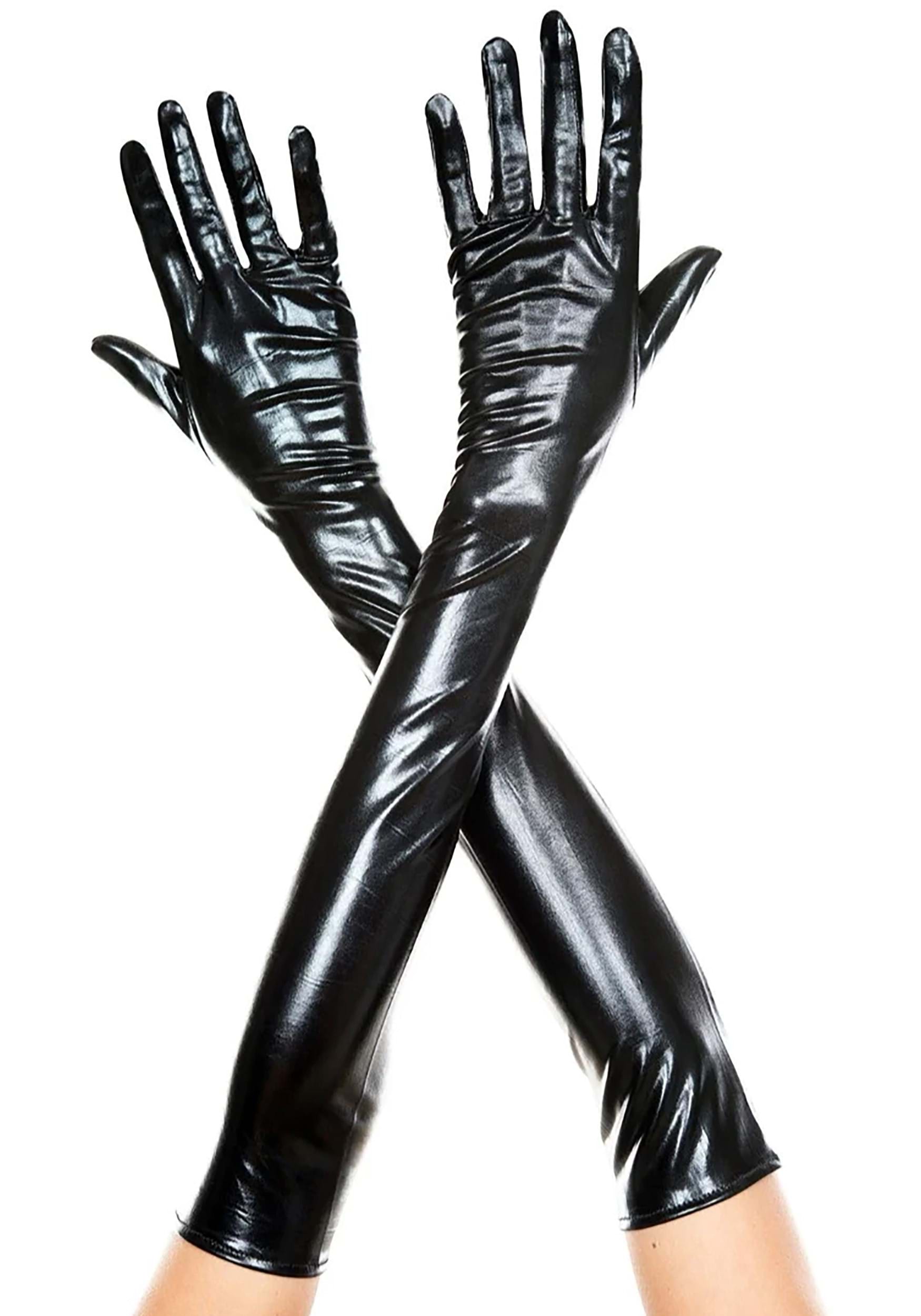 Women's Black Faux Patent Leather Extra Long Gloves