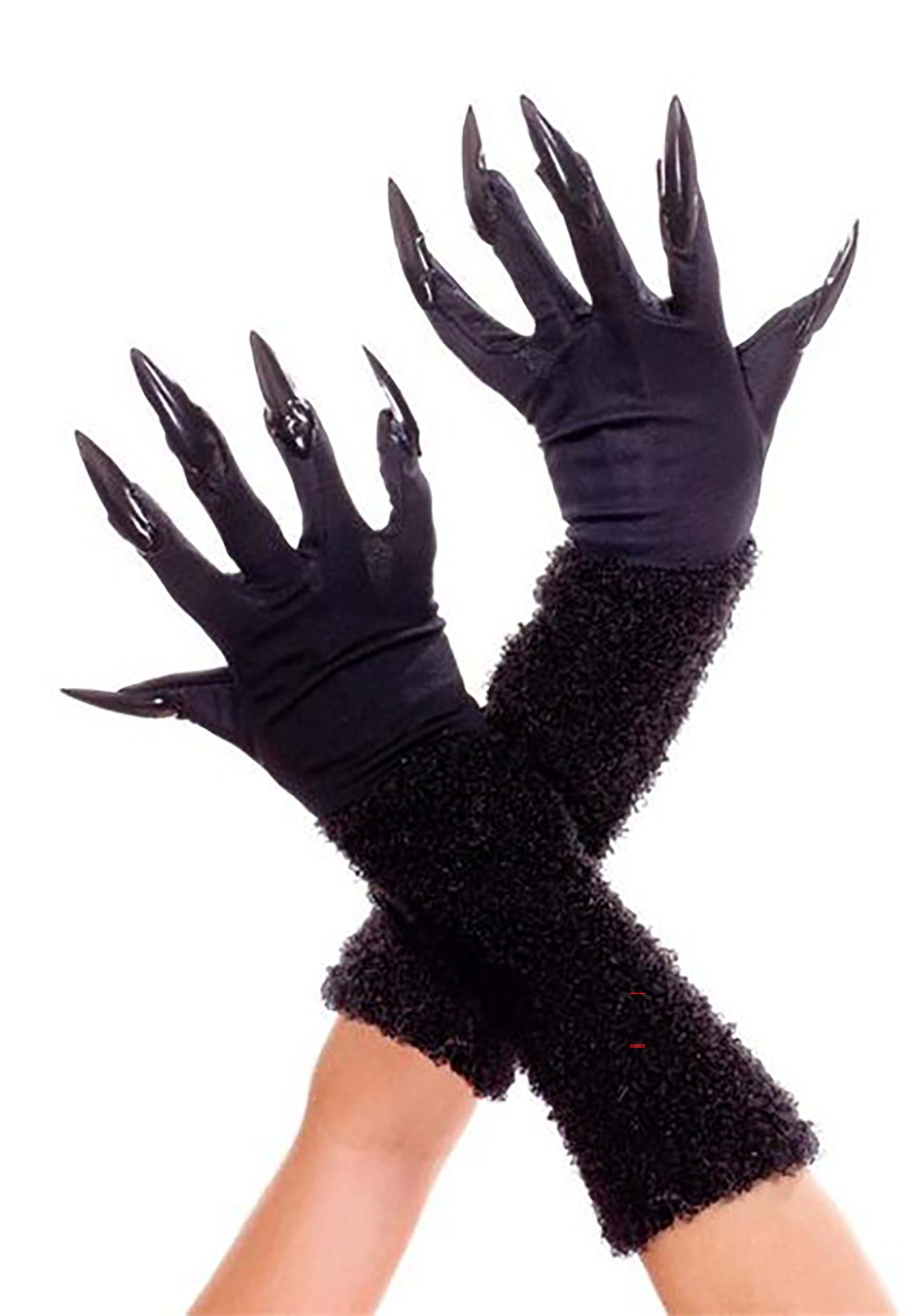 Black Furry Gloves With Nails For Women , Costume Gloves