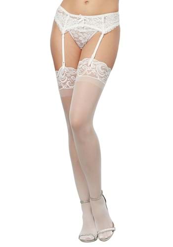 Click Here to buy White Sheer Thigh High Womens Stockings with Lace Top Band | Costume Tights from HalloweenCostumes, CDN Funds & Shipping
