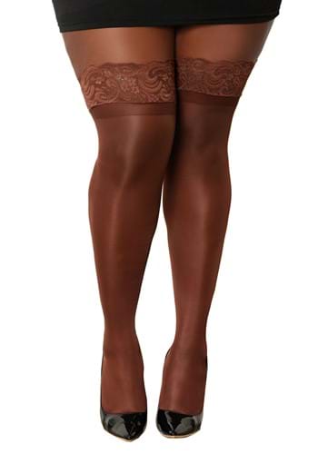 Womens Plus Size Espresso Sheer Thigh High Stockings with Scalloped Top | Costume Tights