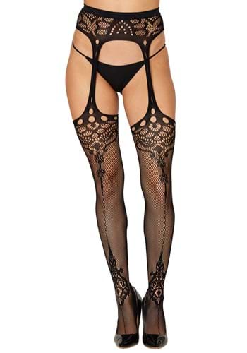 Ornate Pattern Fishnet Womens Thigh Highs with Attached Garter | Costume Tights
