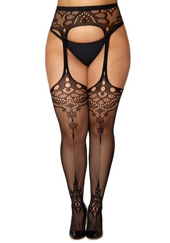 Click Here to buy Womens Plus Size Ornate Pattern Fishnet Thigh High Stockings with Attached Garter | Costume Tights from HalloweenCostumes, CDN Funds & Shipping