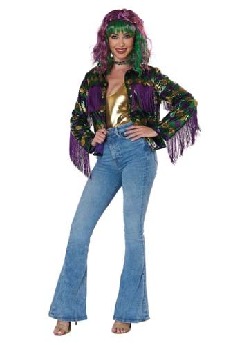 Womens Mardi Gras Sequin with Fringe Trim Jacket